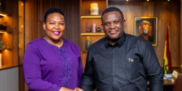 Lesotho’s Minister of Information, Communications, Science, Technology and Innovation, Nthati Moorosi, with her Ghanaian counterpart Samuel Nartey George during bilateral talks on strengthening digital cooperation.