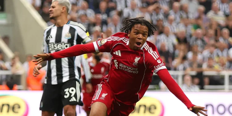 Liverpool's 16-year-old sensation Rio Ngumoha celebrates his stoppage-time winner against Newcastle