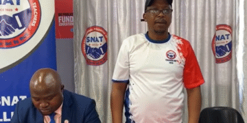 SNAT president (in white Tshirt) Mbonga Dlamini with SG Lot Vilakati during a press briefing in Manzini. | Pic: Xolani Mngomezulu