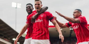 Chris Wood celebrates after scoring for Nottingham Forest against Brentford at the City Ground.