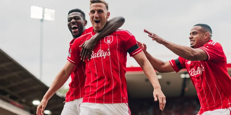 Chris Wood celebrates after scoring for Nottingham Forest against Brentford at the City Ground.