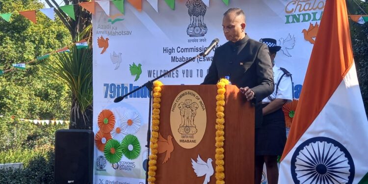 The High Commissioner to Eswatini, H.E. Mr. Ram Prasad reading out the Independence Day message in Mbabane. | Pics: Nkosingiphile Myeni/supplied