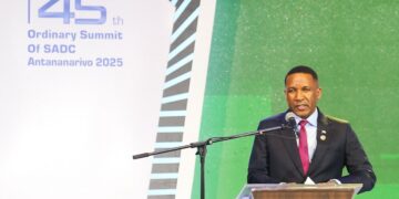 President Duma Boko of Botswana addressing the SADC summit in Antananarivo, Madagascar, calling for stronger intra-African trade and regional cooperation.