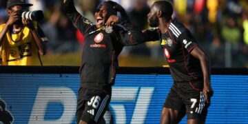 Kamogelo Sebelebele and Deon Hotto celebrate after Pirates equalised against Sundowns in the MTN8 semi-final. Photo by Daniel Hlongwane/Gallo Images