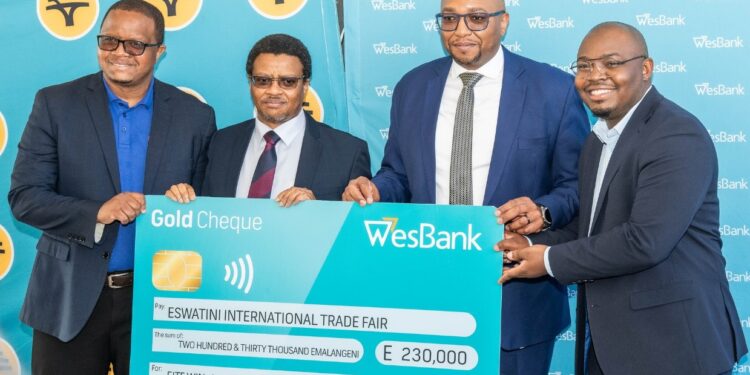 FNB Eswatini Chief Executive Officer pictured with Eswatini International Trade Fair officials during the handover of a E430 000 sponsorship cheque for the 2025 edition of the fair at Mavuso Trade and Exhibition Centre, Manzini.