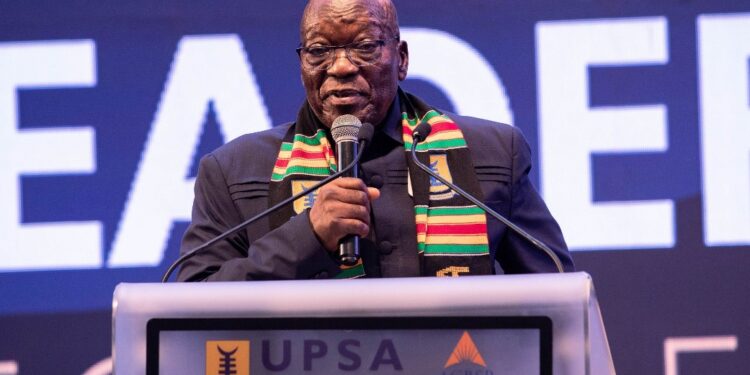 Jacob Zuma addressing the 2025 Annual Leadership Lecture at the University of Professional Studies, Accra, calling for a unified African currency.