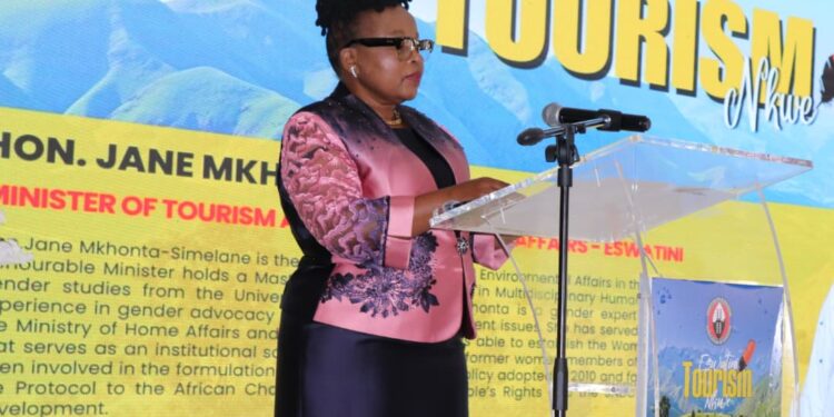 Minister of Tourism and Environmental Affairs Jane Mkhonta-Simelane speaking during the inaugural Nkwe Tourism Conference.