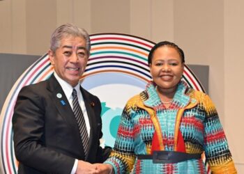 Minister Pholile Shakantu and Ndumiso Dlamini with colleagues meet Japan’s Foreign Affairs Minister H.E. Iwaya Takeshi in Yokohama, strengthening Eswatini-Japan relations.