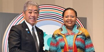 Minister Pholile Shakantu and Ndumiso Dlamini with colleagues meet Japan’s Foreign Affairs Minister H.E. Iwaya Takeshi in Yokohama, strengthening Eswatini-Japan relations.