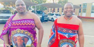 Mayiwane MP Sicelo Dlamini and Mbabane East MP Welcome Dlamini after the adjournment of the parliament session. | Pic: Khulekile Mhlanga