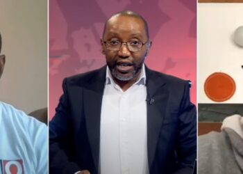 SABC News screengrab showing Thulasizwe Simelane in conversation with PUDEMO leader Mlungisi Makhanya and Nation Magazine editor Bheki Makhubu during a live interview on Eswatini’s controversial deportation deal with the United States.