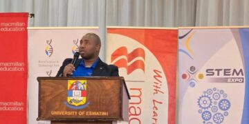 Macmillan Education Eswatini Acting MD Sibusiso Simelane addresses learners and educators at the 2025 STEM Expo