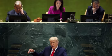 US President Donald Trump addresses the 80th United Nations General Assembly. Mike Segar/Reuters