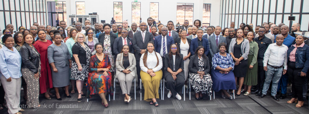 Delegates from all 15 SADC member states pose for a group photo with Governor Phil Mnisi (PhD) at the 2025 SADC RTGS End User Conference in Ezulwini.