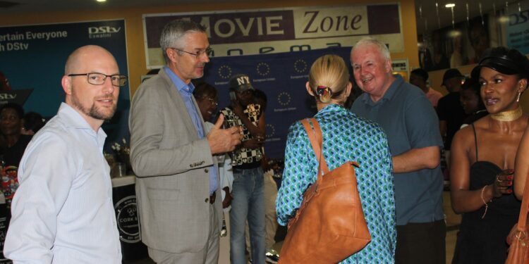 EU Ambassador Karsten Mecklenburg, Irish Chargé d’Affaires Aileen O’Donovan and UK High Commissioner Colin Wells engage during the opening of the European Film Festival at Movie Zone in Ezulwini.