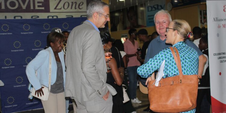EU Ambassador Karsten Mecklenburg, Irish Chargé d’Affaires Aileen O’Donovan and UK High Commissioner Colin Wells engage during the opening of the European Film Festival at Movie Zone in Ezulwini.