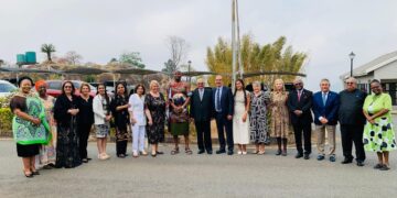 Prime Minister Russell Mmiso Dlamini and Minister Pholile Shakantu with the visiting Kuwaiti delegation in Mbabane