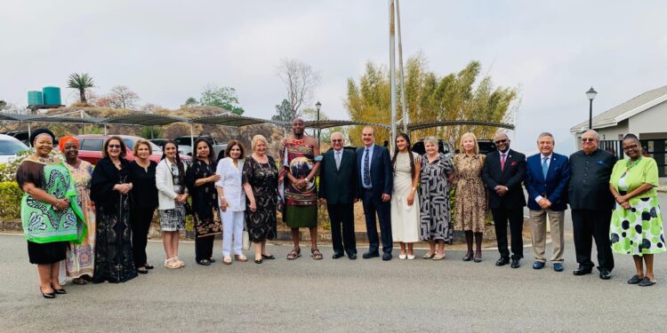 Prime Minister Russell Mmiso Dlamini and Minister Pholile Shakantu with the visiting Kuwaiti delegation in Mbabane