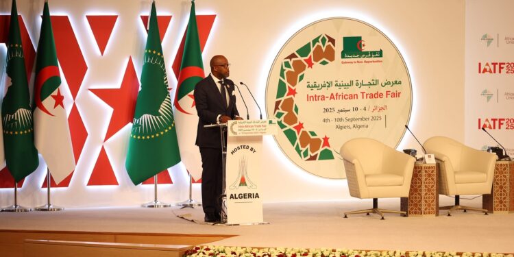 AfCFTA Secretary-General Wamkele Mene addressing delegates at the opening of the Intra-African Trade Fair 2025 in Algiers.