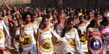 Imbali marching to Engabezweni after they were commissioned by Her Majesty the Indlovukazi at Ludzidzini.