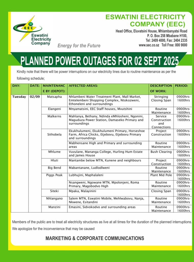 Planned power outage notice from the Eswatini Electricity Company (EEC)