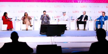 Panelists at the International African Trade Forum 2025 discuss strategies to position African exporters at the forefront of global trade, including Comptroller General Bashir Adewale Adeniyi, Khaled Bouchelgham, Dr. Pamela Coke Hamilton, Nikhil Gandhi, Eng. Adeeb Y. Al Aama, Chakib Boublenza, and Hon. Kenneth Morolong.