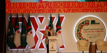African Union Deputy Chairperson Ambassador Selma Malika Haddadi speaking at the Intra-African Trade Fair 2025 in Algiers.