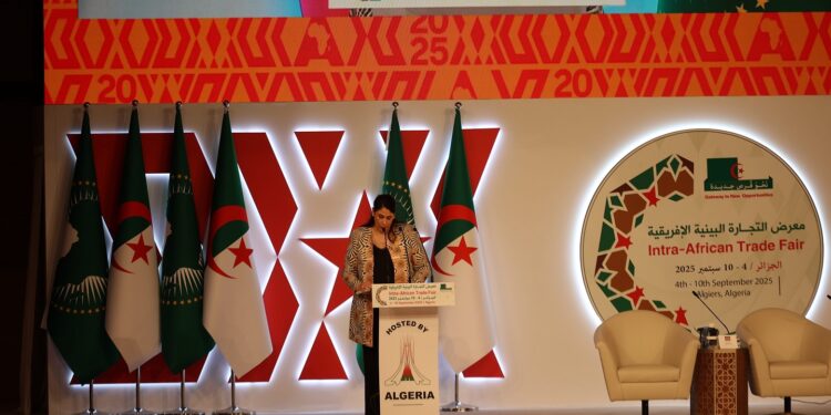 African Union Deputy Chairperson Ambassador Selma Malika Haddadi speaking at the Intra-African Trade Fair 2025 in Algiers.