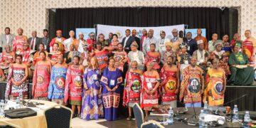 Deputy Prime Minister, cabinet ministers and traditional leaders pose for a group photo during the opening of the African Traditional Leaders Conference at Esibayeni Lodge in Matsapha.