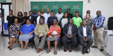 Minister of Agriculture Mandla Tshawuka with Principal Secretary Sydney Boy Simelane, stakeholders, and officials during the stakeholder engagement meeting on hazardous pesticides in Mbabane.