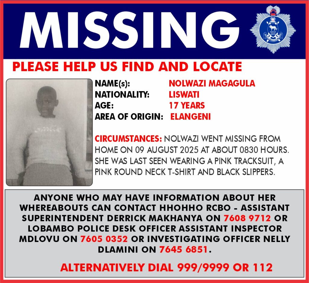 Royal Eswatini Police announcement about 17-year-old Nolwazi Magagula