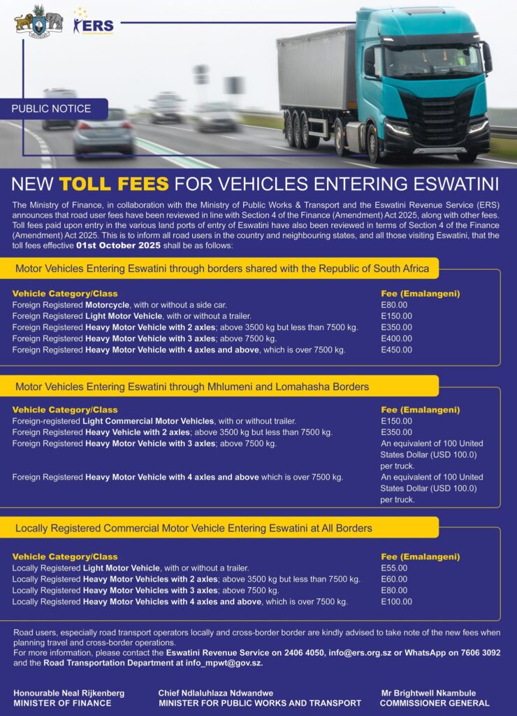 New toll fees set for Eswatini borders from October