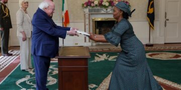 Her Excellency Ms. Nts’ebo Moshoeshoe, Ambassador of the Kingdom of Lesotho, presenting her credentials to President Michael D. Higgins of Ireland on 9 September 2025. Photo: MoFAIR Lesotho