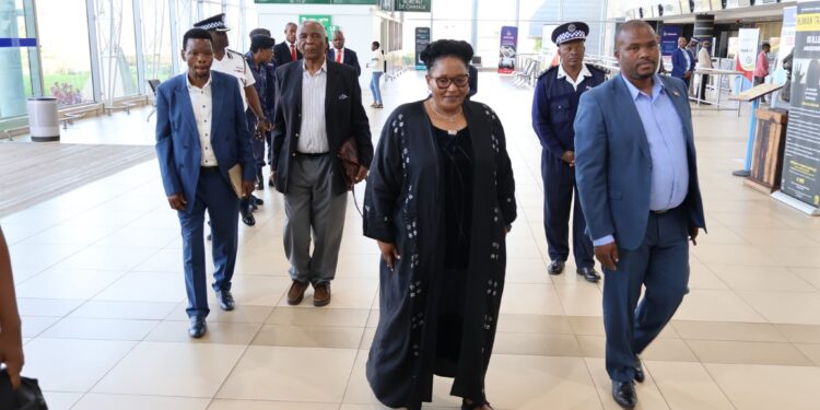 Deputy Prime Minister Thulisile Dladla and Minister Sikhumbuzo Dlamini at King Mswati III International Airport before departing for Ghana to attend the state funeral of Queen Asantehemaa Nana Konadu Yiadom III.