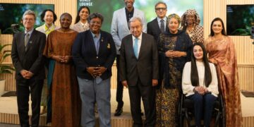 Monica Geingos with UN Deputy Secretary-General Amina Mohammed, UN Secretary-General António Guterres, and other dignitaries at Columbia University, New York.