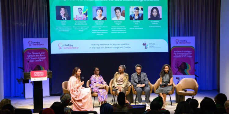 Monica Geingos with fellow panelists at the OAFLAD side event during the UN General Assembly, discussing strategies to build resilience for women and girls in climate and conflict-affected regions.