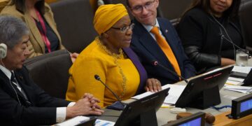 Namibian President Netumbo Nandi-Ndaitwah delivering her address at the Women, Peace and Security Focal Points Network in New York