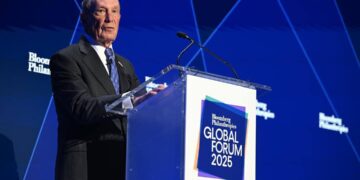 Michael Bloomberg speaking at the 2025 Bloomberg Global Forum where he announced a global vision initiative.