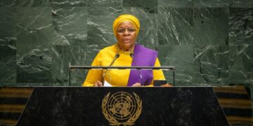 President Netumbo Nandi-Ndaitwah addresses the United Nations General Assembly during the 80th session in New York.