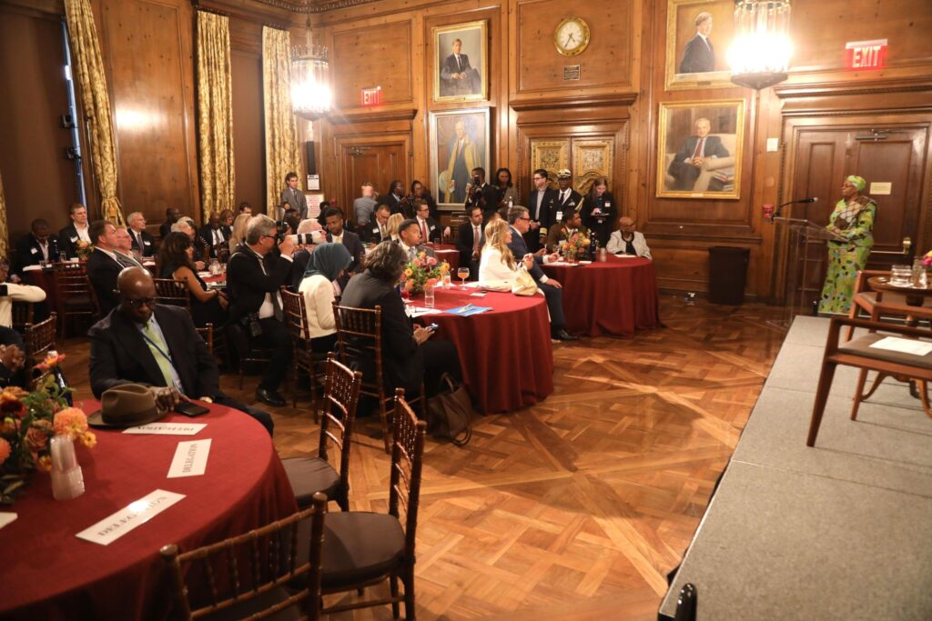 Namibia’s President Dr. Netumbo Nandi-Ndaitwah addresses a fireside chat with Ambassador Jendayi Frazer at the Council on Foreign Relations in New York, discussing development, regional integration, and economic diversification.