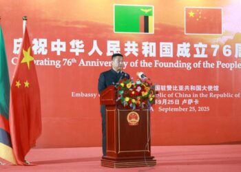 Chinese Ambassador to Zambia Han Jing addressing guests during the 76th anniversary reception of the founding of the People’s Republic of China in Lusaka.