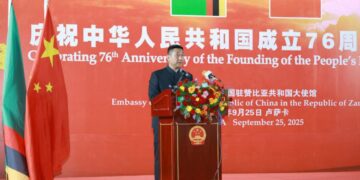 Chinese Ambassador to Zambia Han Jing addressing guests during the 76th anniversary reception of the founding of the People’s Republic of China in Lusaka.