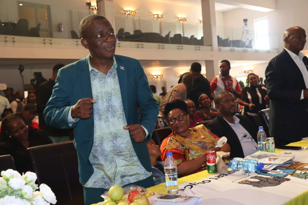 Minister of Sports, Culture and Youth Affairs Honourable Bongani Nzima joined the celebrations on stage with a dance during the Disability Music and Arts Festival at The Luke Commission Auditorium.