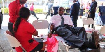 Prime Minister Russell Mmiso Dlamini donating blood as part of the wellness day activities in Mbabane.