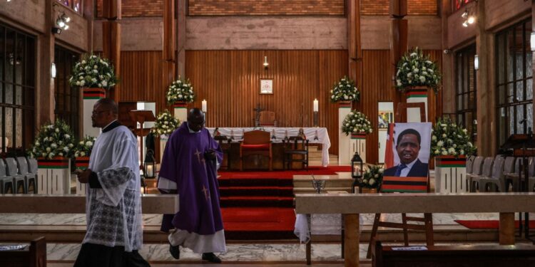 Friends and family bid farewell to former Zambia president Edgar Lungu at Cathedral of Christ The King Catholic Church in Hillbrow, Johannesburg on 25 June 2025. Picture: Gallo Images