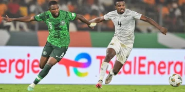 Frank Onyeka of Nigeria and Teboho Mokoena of South Africa tussle for the ball during a past World Cup qualifier between the two sides.