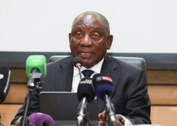 President Cyril Ramaphosa delivering opening remarks during an engagement between the National Executive and the Provincial Executive Council held at the Rustenburg Civic Centre, Municipal Chambers in the North West province.