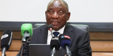 President Cyril Ramaphosa delivering opening remarks during an engagement between the National Executive and the Provincial Executive Council held at the Rustenburg Civic Centre, Municipal Chambers in the North West province.