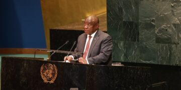 President Cyril Ramaphosa delivers remarks during the high-level two-state solution at the UN General Assembly in New York on Monday. Picture: The Presidency.