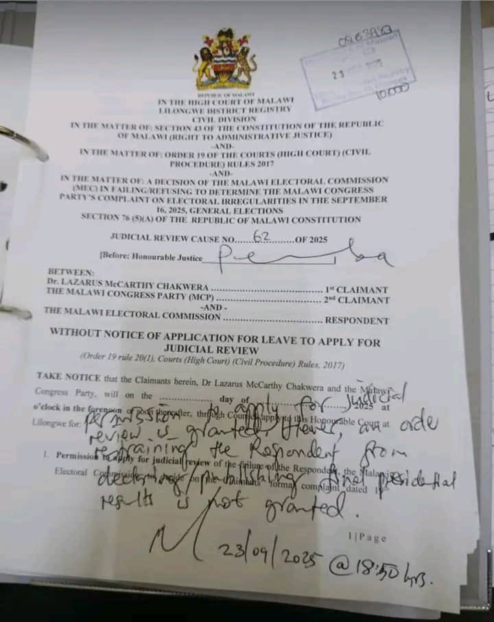 High Court of Malawi order granting judicial review to Chakwera and MCP while allowing vote count to continue, September 23, 2025
